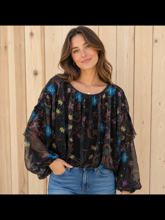 Free People Tops - Free People Black Floral Sheer Balloon-Sleeve Blouse